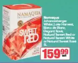 Spar Tops Namaqua Johannisberger White, Late Harvest, Blanc de Blanc, Elegant Rosé, Natural Sweet Red or Natural Sweet White offer