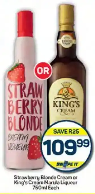 Pick n Pay Liquor Strawberry Blonde Cream or King's Cream Marula Liqueur offer