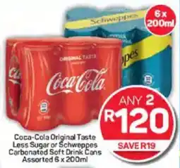 Pick n Pay Liquor Coca-Cola Original Taste Less Sugar or Schweppes Carbonated Soft Drink Cans Assorted offer