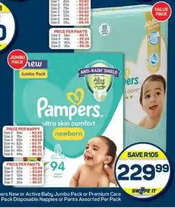 Pick n Pay Pampers New or Active Baby Jumbo Pack or Premium Care Value Pack Disposable Nappies or Pants Assorted Per Pack offer