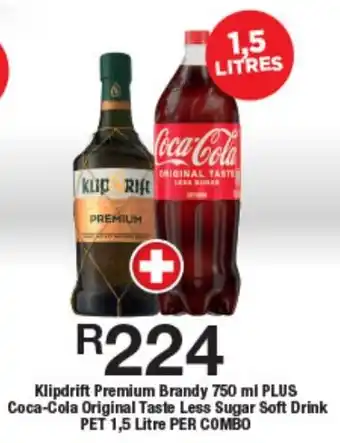 OK Liquor Klipdrift Premium Brandy PLUS Coca-Cola Original Taste Less Sugar Soft Drink offer