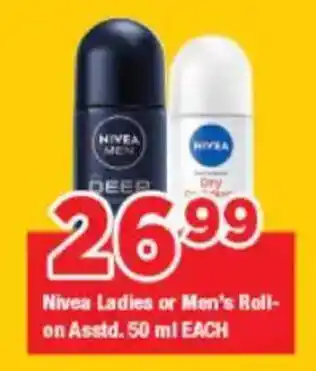 OK Grocer Nivea Ladies or Men's Roll-on Asstd. offer