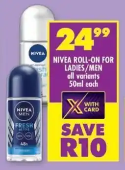 Shoprite Nivea roll-on for ladies/men all variants offer