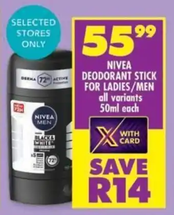 Shoprite Nivea deodorant stick for ladies/men all variants offer