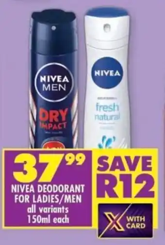 Shoprite Nivea deodorant for ladies/men all variants offer