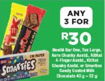 OK Foods Nestlé Bar One, Tex Large, Aero Chunky Asstd., KitKat 4-Finger Asstd., KitKat Chunky or Smarties Candy Coated Milk Chocolate offer