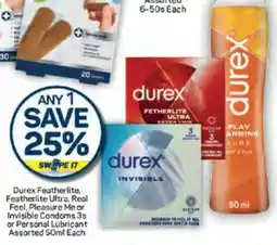 Pick n Pay Durex Featherlite, Featherlite Ultra, Real Feel, Pleasure Me or Invisible Condoms or Personal Lubricant Assorted offer