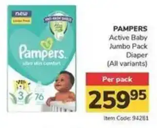 Jumbo PAMPERS Active Baby Jumbo Pack Diaper offer