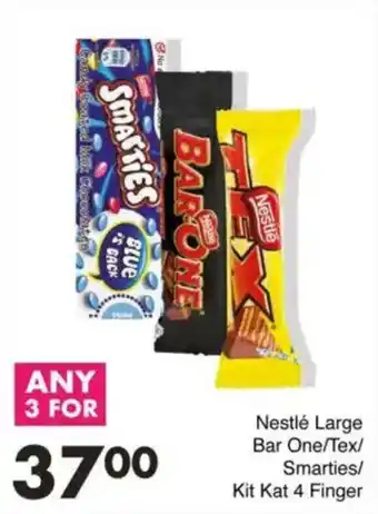 Save Nestlé Large Bar One/Tex/ Smarties/ Kit Kat 4 Finger offer