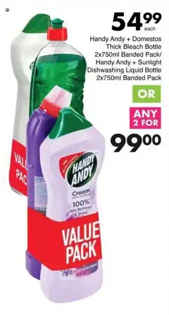 Save Handy Andy + Domestos Thick Bleach Bottle Banded Pack/ Handy Andy + Sunlight Dishwashing Liquid Bottle Banded Pack offer