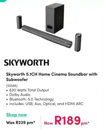 Teljoy Skyworth 5.1CH Home Cinema Soundbar with Subwoofer offer