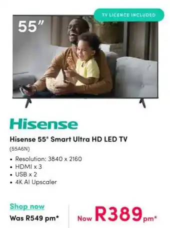 Teljoy Hisense 55" Smart Ultra HD LED TV offer