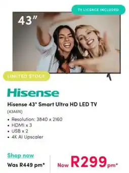 Teljoy Hisense 43" Smart Ultra HD LED TV offer