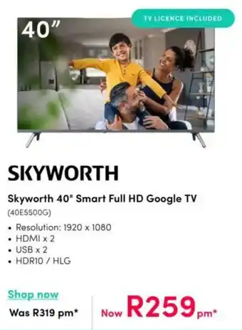 Teljoy Skyworth 40" Smart Full HD Google TV offer