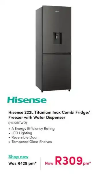 Teljoy Hisense Titanium Inox Combi Fridge/ Freezer with Water Dispenser offer