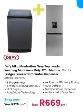 Teljoy Defy Manhattan Grey Top Loader Washing Machine + Defy Metallic Combi Fridge/Freezer with Water Dispenser offer