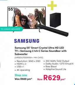 Teljoy Samsung 55" Smart Crystal Ultra HD LED TV + Samsung 2.1ch C Series Soundbar with Subwoofer offer