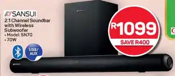 Pick n Pay Hypermarket SANSUI 2.1 Channel Soundbar with Wireless Subwoofer offer