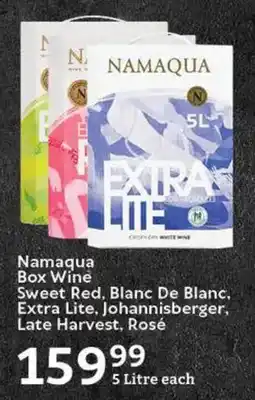 Oxford Freshmarket Namaqua Box Wine Sweet Red, Blanc De Blanc, Extra Lite, Johannisberger, Late Harvest, Rosé offer