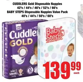 Boxer Superstores CUDDLERS Gold Disposable Nappies/ BABY STEPS Disposable Nappies Value Pack offer