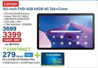 Incredible Connection Lenovo 10.1-inch FHD 4GB 64GB 4G Tab+Cover offer