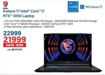 Incredible Connection Katana 17 Intel Core i7 RTX 3050 Laptop offer