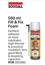 Builders Warehouse Soudal 500ml Fill & Fix Foam offer