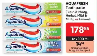 Makro AQUAFRESH Toothpaste (Fresh & Minty, Herbal, Mild & Minty or Lemon)) offer