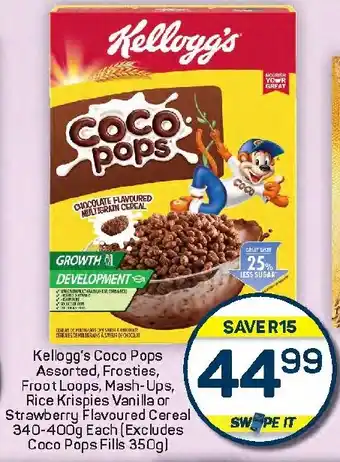 Pick n Pay Hypermarket Kellogg's Coco Pops Assorted, Frosties, Froot Loops, Mash-Ups, Rice Krispies Vanilla or Strawberry Flavoured Cereal offer