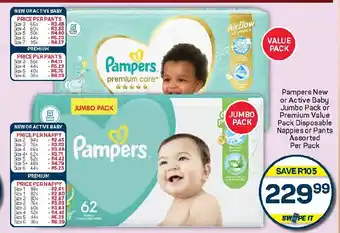 Pick n Pay Hypermarket Pampers New or Active Baby Jumbo Pack or Premium Value Pack Disposable Nappies or Pants Assorted Per Pack offer