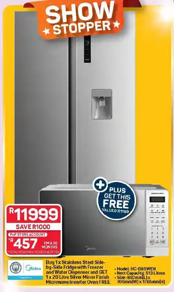 Pick n Pay Hypermarket Midea Stainless Steel Side-by-Side Fridge with Freezer and Water Dispenser offer