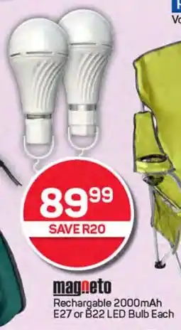 Pick n Pay Hypermarket Magneto Rechargable 2000mAh E27 or B22 LED Bulb Each offer