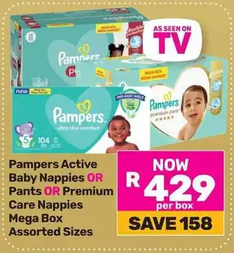 Game Pampers Active Baby Nappies OR Pants OR Premium Care Nappies Mega Box Assorted Sizes offer