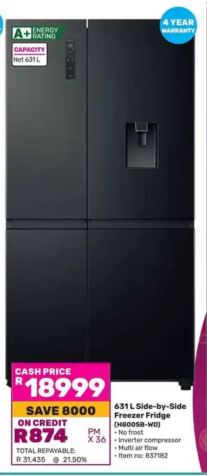 Game Hisense Side-by-Side Freezer Fridge (H800SB-WD) offer