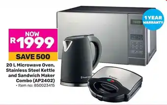 Game Russell Hobbs Microwave Oven, Stainless Steel Kettle and Sandwich Maker Combo offer