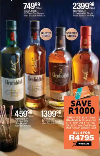 Checkers Liquor Shop Glenfiddich 12-Year-Old, 15 -Year-Old-Year-Old, 18-Year-Old, 21-Year-Old Single Malt Scotch Whisky  750ml offer