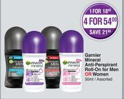 Garnier Mineral Anti Perspirant Roll On For Men Or Women Assorted-50ml