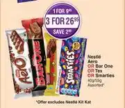 Dis-Chem Nestle Aero Or Bar One Or Tex Or Smarties Assorted-40g/ 55g Each offer