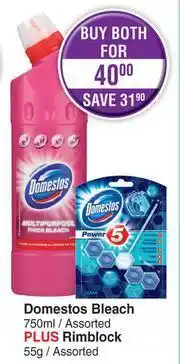 Dis-Chem Domestos Bleach Assorted 750ml Plus Rimblock Assorted 55g-For Both offer