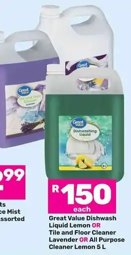 Game Great Value Dishwash Liquid Lemon OR Tile and Floor Cleaner Lavender OR All Purpose Cleaner Lemon offer