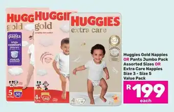 Game Huggies Gold Nappies OR Pants Jumbo Pack Assorted Sizes OR Extra Care Nappies Value Pack offer