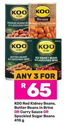 Game KOO Red Kidney Beans, Butter Beans in Brine OR Curry Sauce OR Speckled Sugar Beans offer