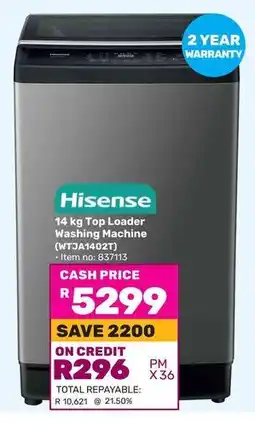 Game Hisense Top Loader Washing Machine (WTJA1402T) offer