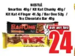 Boxer NESTLE Smarties/Kit Kat Chunky/ Kit Kat 4 Finger/Bar One/ Tex Chocolate Bar offer