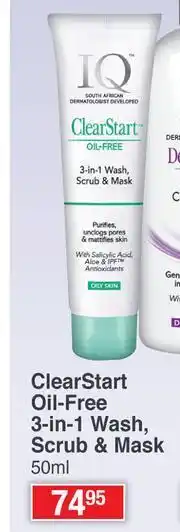 Dis-Chem IQ Clear Start Oil Free 3 In 1 Wash, Scrub & Mask-50ml offer