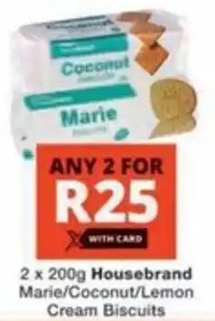 Checkers Hyper Housebrand Marie/ Coconut/ Lemon Cream Biscuits offer