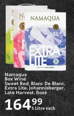 Oxford Freshmarket Namaqua Box Wine Sweet Red, Blanc De Blanc, Extra Lite, Johannisberger, Late Harvest, Rosé offer