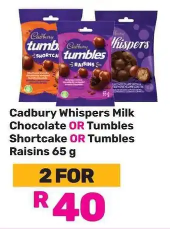 Game Cadbury Whispers Milk Chocolate OR Tumbles Shortcake OR Tumbles Raisins offer