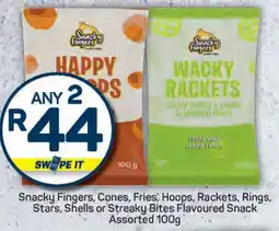 Pick n Pay Snacky Fingers, Cones, Fries, Hoops, Rackets, Rings, Stars, Shells or Streaky Bites Flavoured Snack Assorted offer