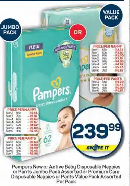 Pick n Pay Pampers New or Active Baby Disposable Nappies or Pants Jumbo Pack Assorted or Premium Care Disposable Nappies or Pants offer